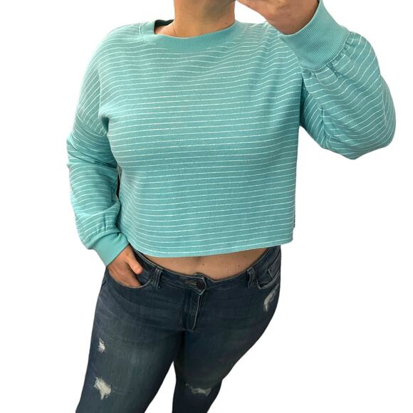 Flirtitude Active SMALL Lightweight Blue Striped Raw Hem Cropped Sweatshirt - Picture 2 of 10